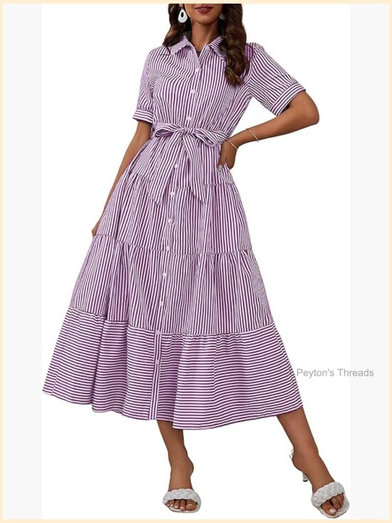 Dresses & Skirts - Cotton Boho Striped Shirt Dress Button Down Flowy A-Line Maxi Dress with Pockets